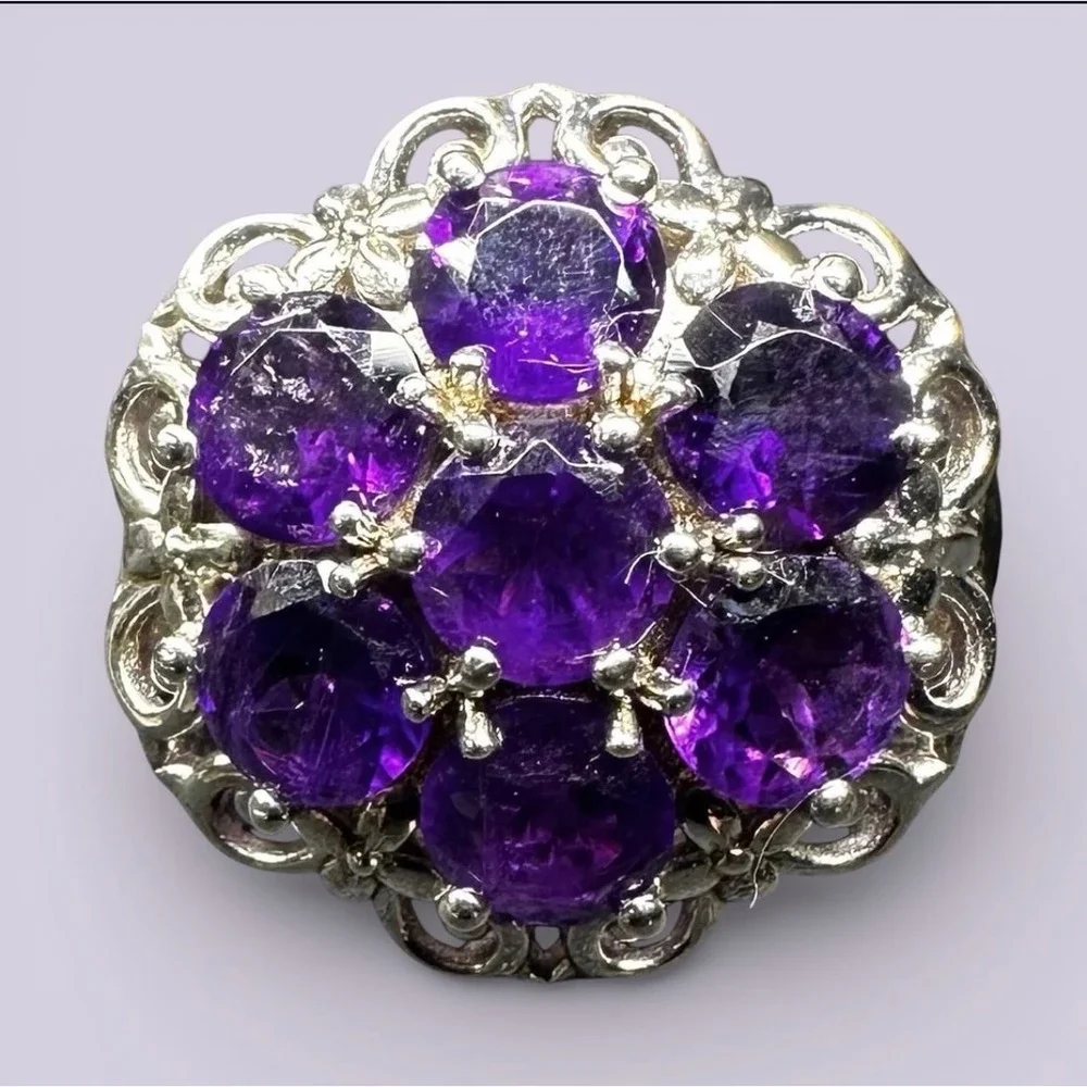 Sterling Silver‎ STS Karis Purple Gemstone Cluster Filigree Statement Ring 6.75